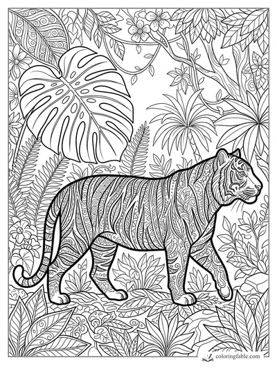 Intricate zentangle tiger walking through tropical leaves, vines, flowers, and a large monstera leaf.
