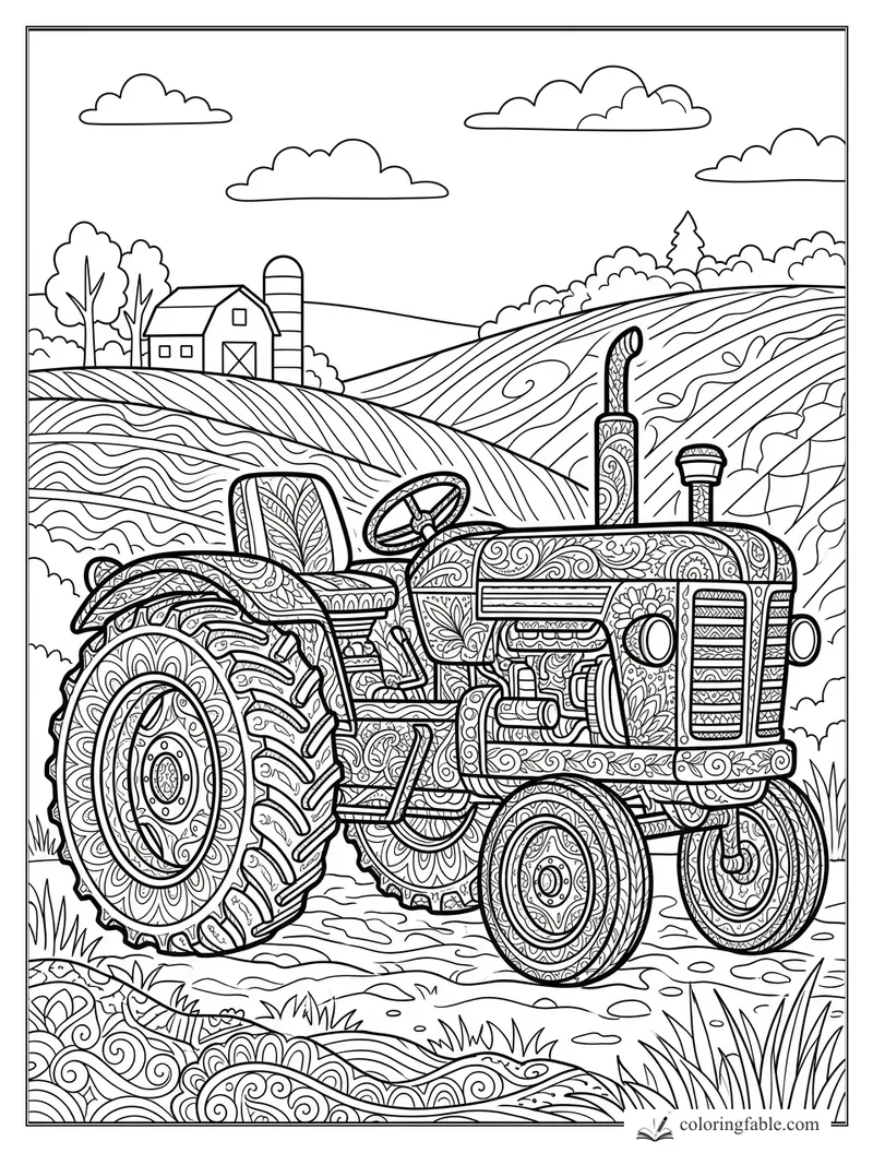 Intricate zentangle tractor with patterned tires, barn, silo, rolling fields, clouds, and trees.