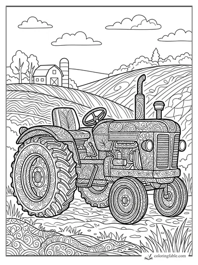 Intricate zentangle tractor with patterned tires, barn, silo, rolling fields, clouds, and trees.