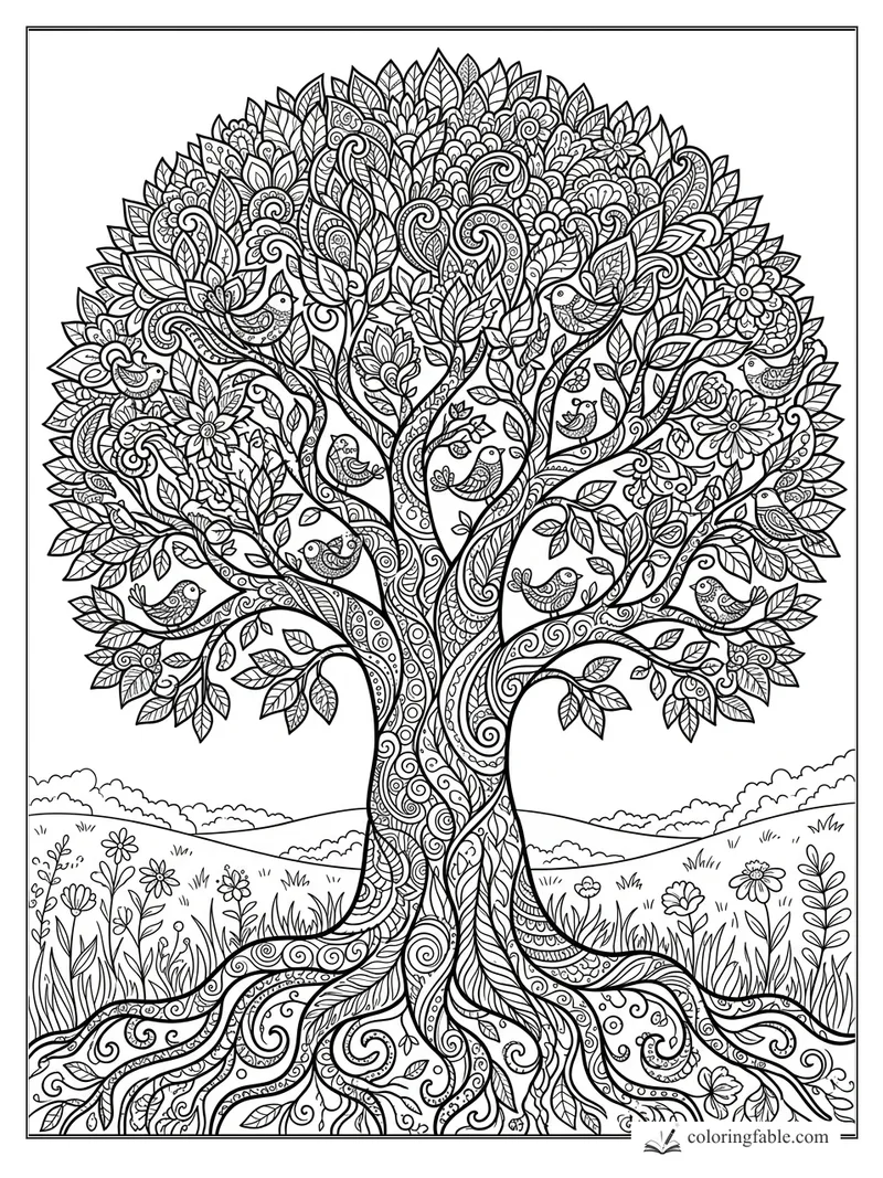 Intricate zentangle tree with patterned birds, flowers, leafy branches, roots, and rolling hills