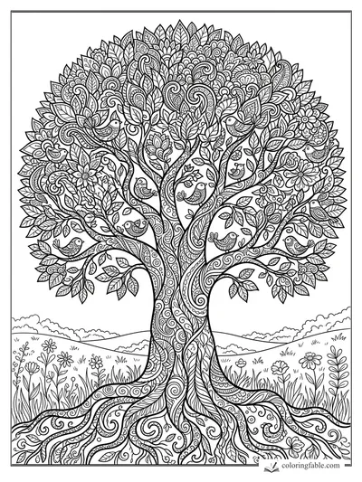 Intricate zentangle tree with patterned birds, flowers, leafy branches, roots, and rolling hills