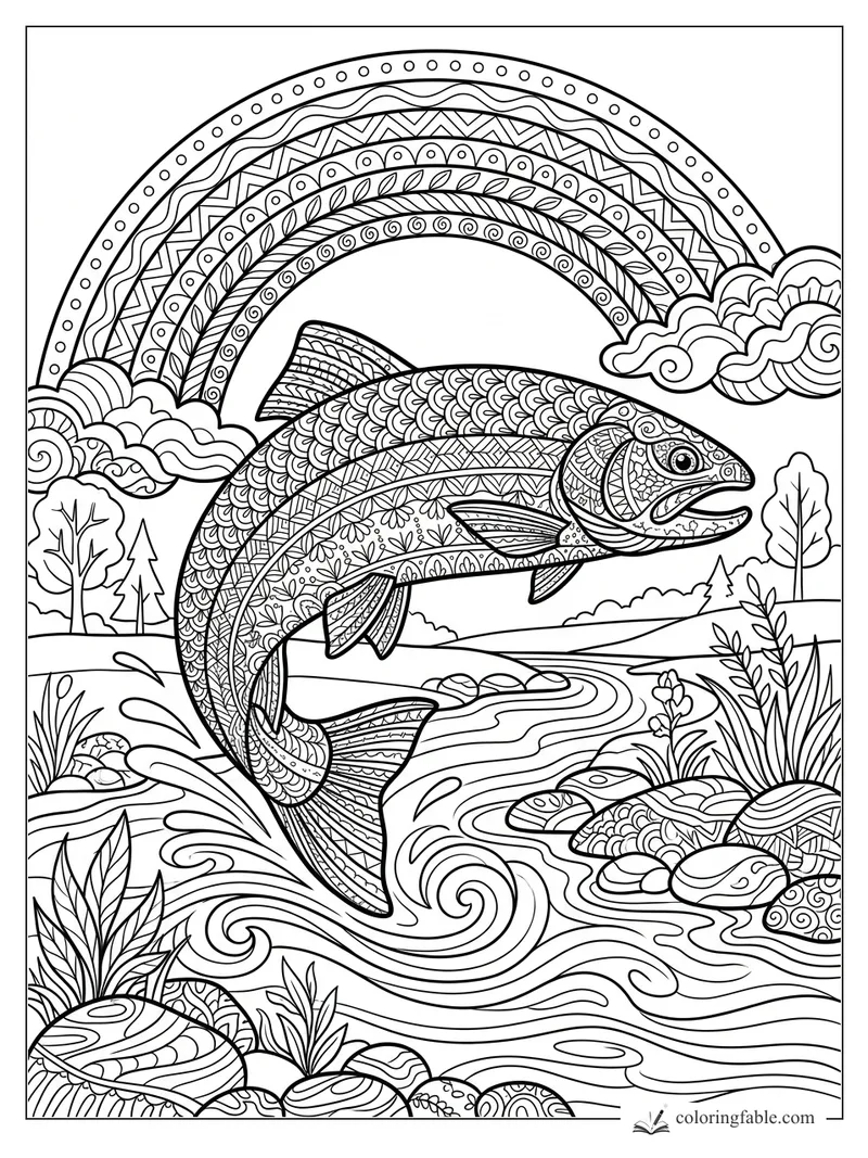 Intricate zentangle trout leaping from a winding river under a patterned rainbow and swirling clouds.