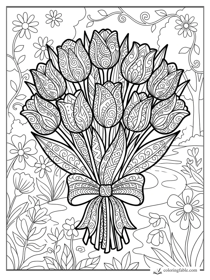 Intricate zentangle tulip bouquet tied with a bow, surrounded by daisies, vines, and garden paths.
