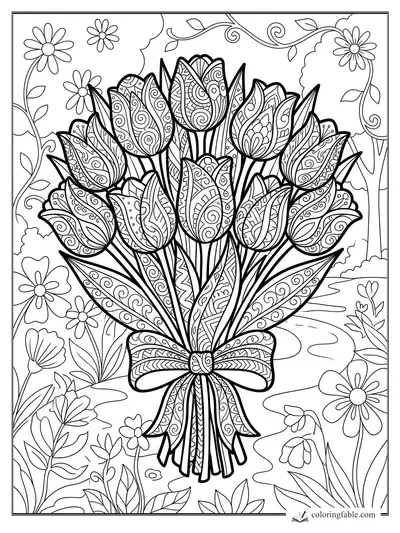 Intricate zentangle tulip bouquet tied with a bow, surrounded by daisies, vines, and garden paths.