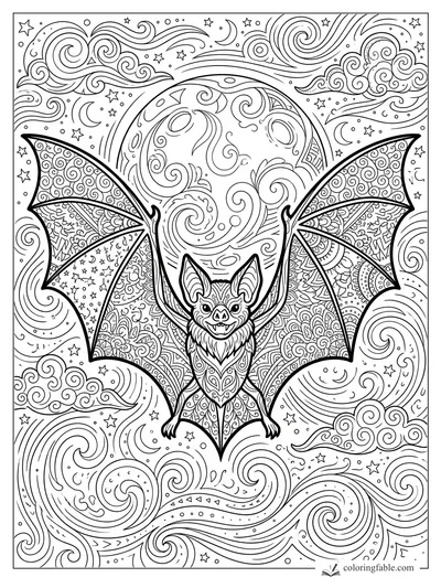 Intricate zentangle vampire bat with patterned wings, huge moon, stars, clouds, and swirling night sky