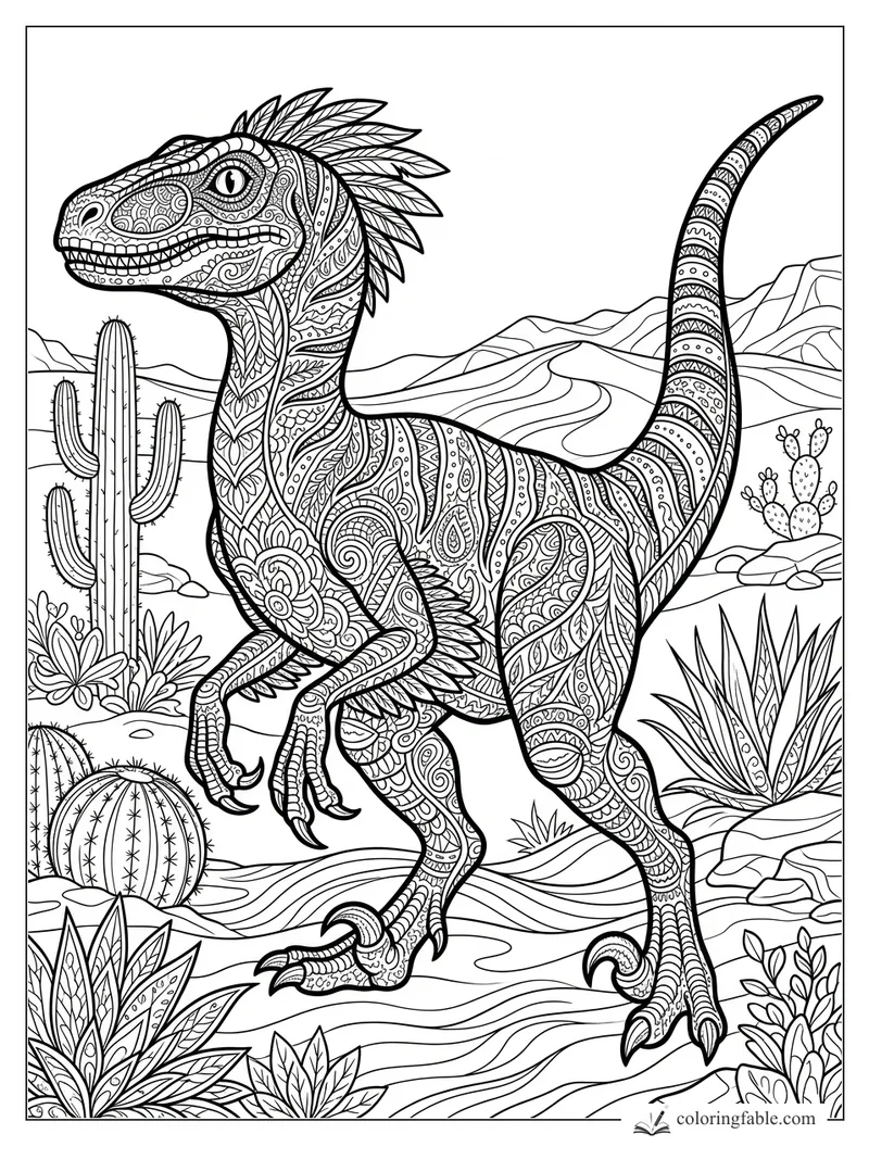 Intricate zentangle velociraptor with feather crest among cacti, agave plants, dunes, and mountains.