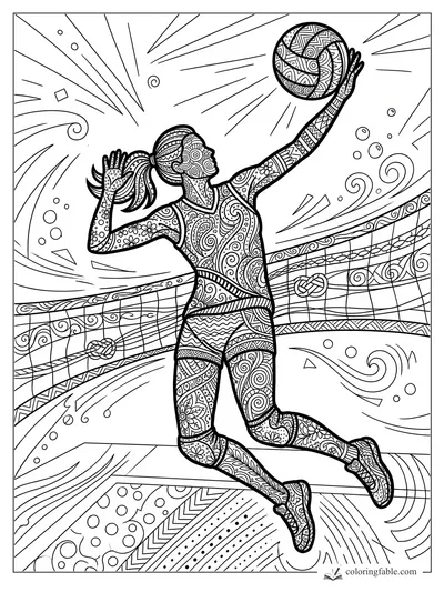 Intricate zentangle volleyball player jumping at the net with a patterned ball and swirling court lines