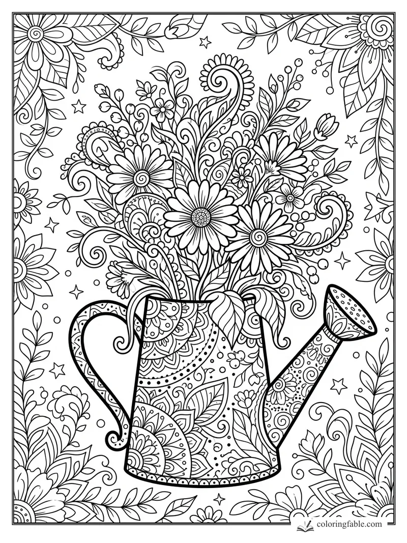Intricate zentangle watering can filled with daisies, paisley leaves, curling vines, stars, and floral borders.