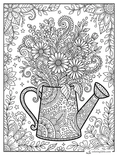 Intricate zentangle watering can filled with daisies, paisley leaves, curling vines, stars, and floral borders.