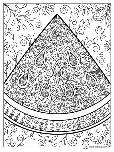 Intricate zentangle watermelon slice with teardrop seeds, floral swirls, leaves, and patterned rind.