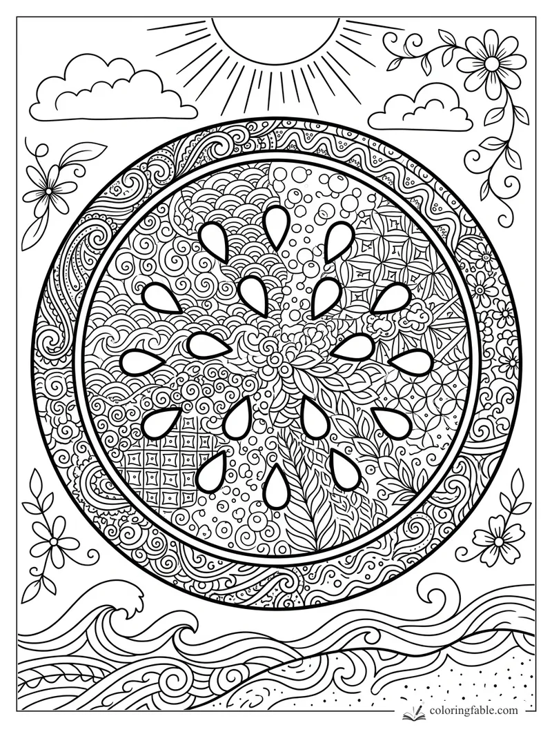 Intricate zentangle watermelon slice with seeds, sun rays, clouds, flowers, and curling ocean waves.