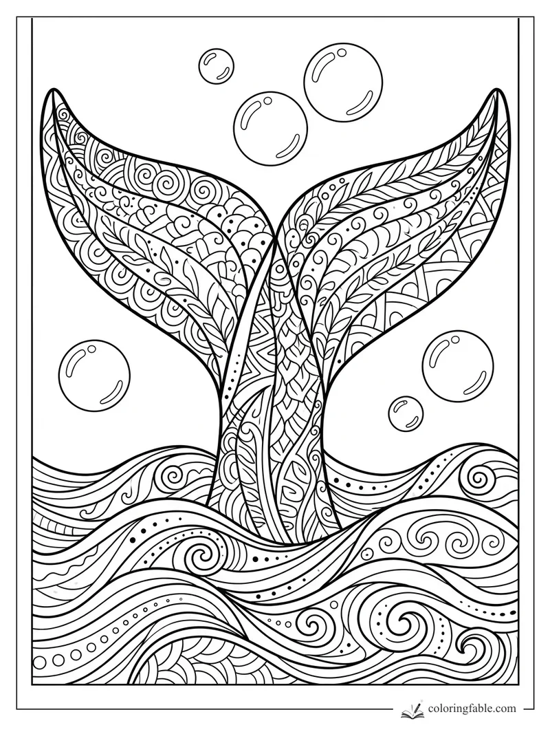 Intricate zentangle whale tail above swirling waves and bubbles coloring page