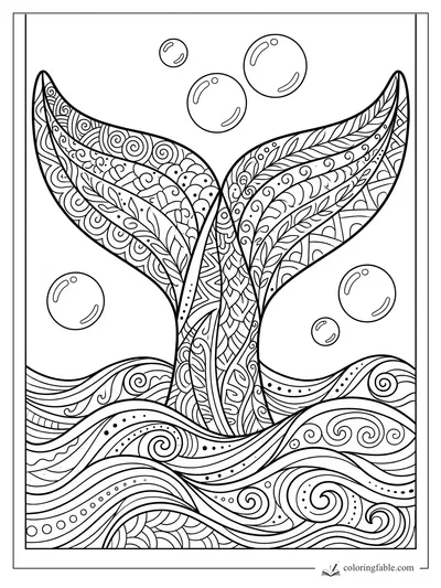 Intricate zentangle whale tail above swirling waves and bubbles coloring page