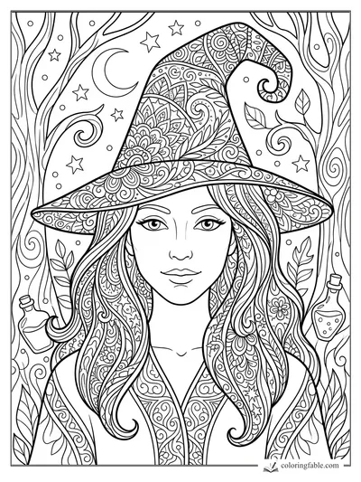 Intricate zentangle witch portrait with a patterned hat, crescent moon, stars, vines, and potion bottles.