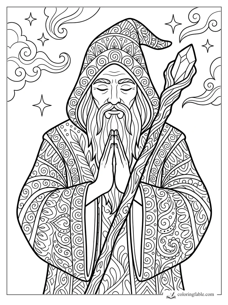 Intricate zentangle wizard with folded hands, patterned hood, crystal staff, stars, and swirling clouds