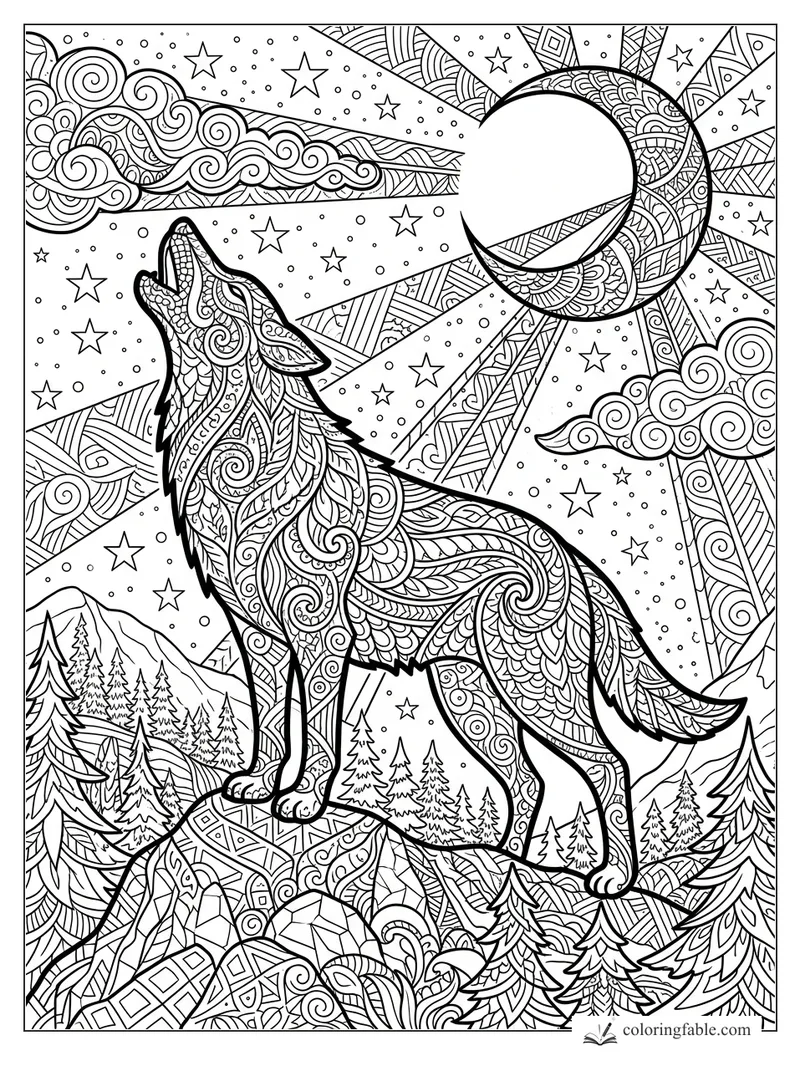 Intricate zentangle wolf howling on a mountain beneath stars, clouds, sun rays, and a crescent eclipse