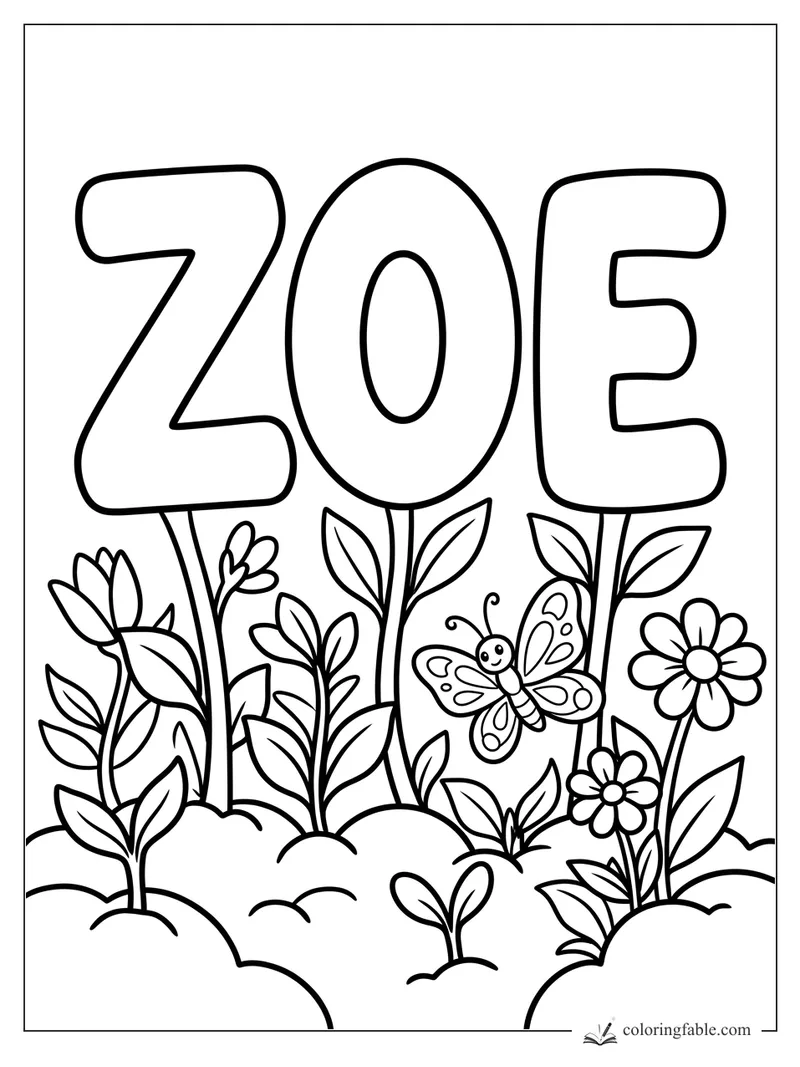 ZOE bubble letters growing on stems with leaves, flowers, and a smiling butterfly