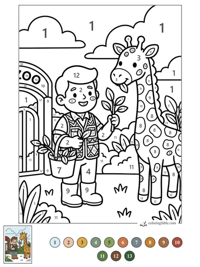 Zoo Keeper Sharing Leaves with a Giraffe — color by number