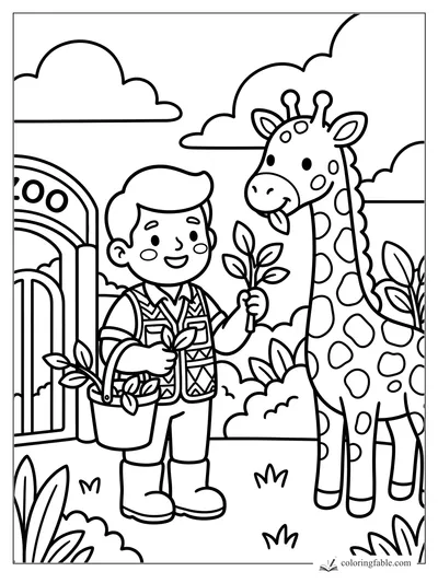 Smiling zoo keeper holds leafy branches for a giraffe beside a zoo gate and bushes.